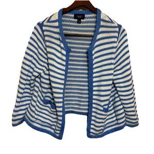 Land's End Drifter Open Front Striped Cardigan Sweater Size L Anchor Coastal